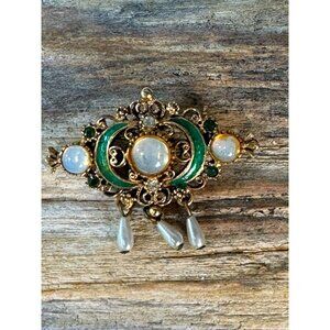Vintage Florenza Victorian Revival Crescent Moon Brooch Pin Faux Pearls Moonston